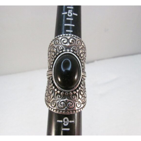 Ornate Swirl Full Finger Silver Plated Copper Ring with Black Cabochon - Picture 8 of 16